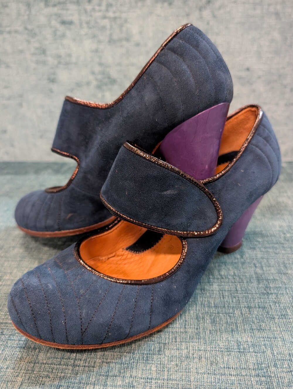 Chie Mihara Navy Quilted Suede Mary Jane Heels with Purple Block Heel EU36